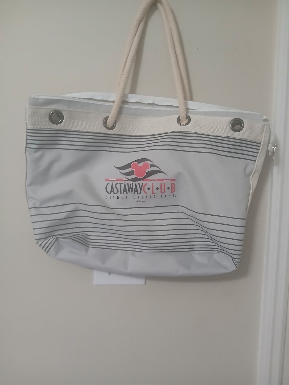 Preowned Castaway Club Disney Cruise Line Gray Stripe Tote Bag Clean